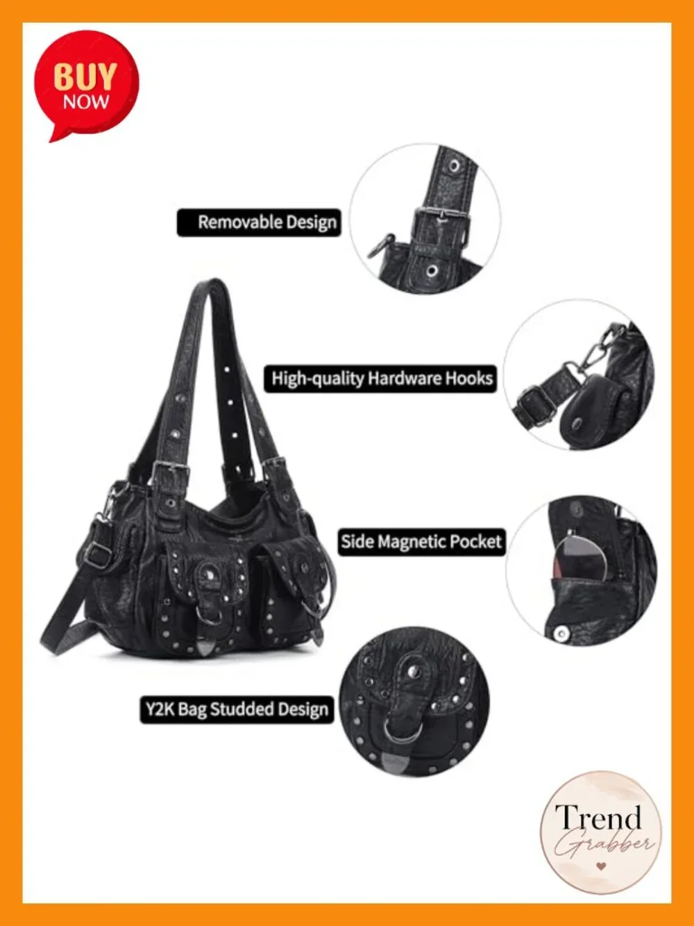 Vegan Leather Hobo Shoulder Bag Multi Pocket Studded Y2K Tote